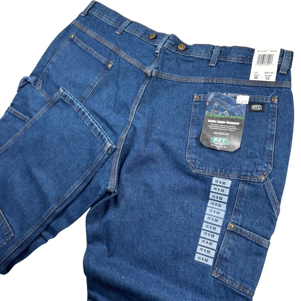 NEW KEY Denim Logger Dungaree Mens 46x32 Blue Relaxed Double Front Pants 1424
